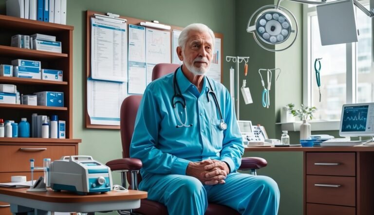 Doctor in blue scrubs sits in his office with medical equipment