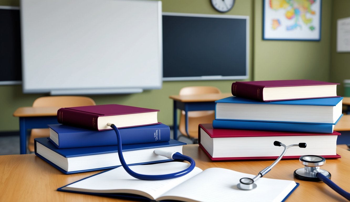 A classroom setting with textbooks, a whiteboard, and a stethoscope on a desk