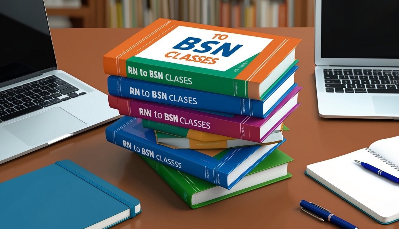 A stack of books with "RN to BSN Classes" on a desk, surrounded by a laptop, notebook, and pen