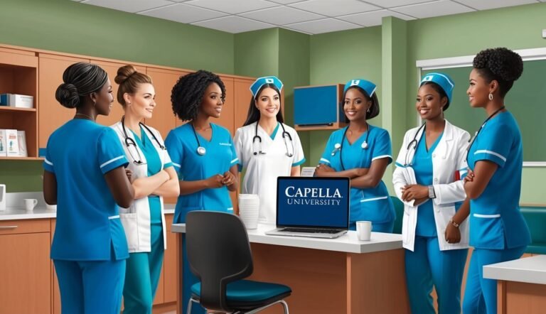 Group of nurses in scrubs, laptop with Capella University logo