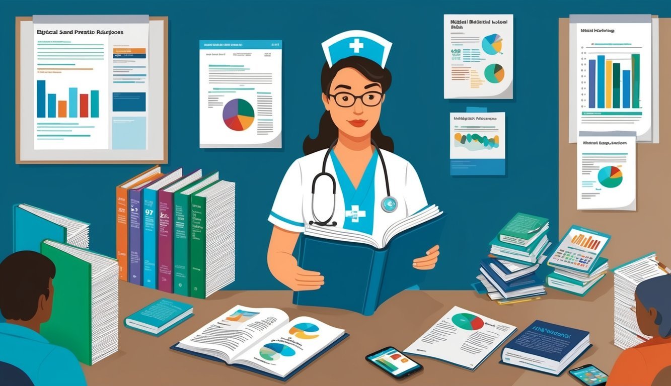 A nurse reading medical journals and attending workshops, surrounded by evidence-based practice resources
