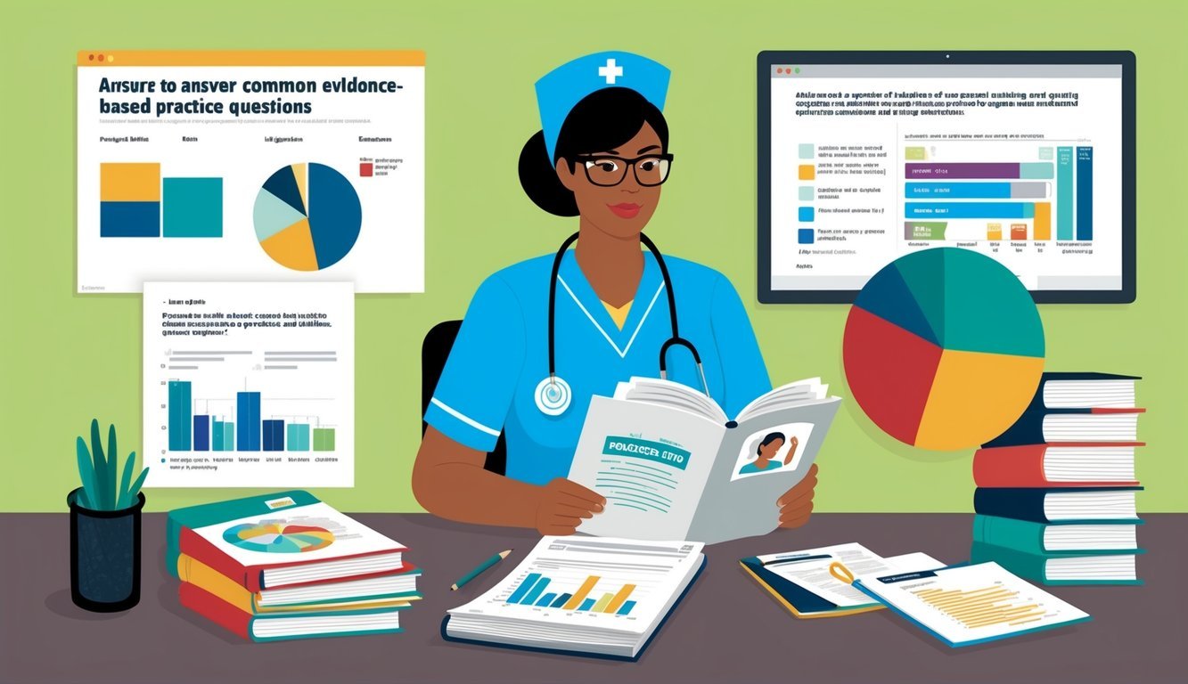 A nurse reviewing research articles, guidelines, and data charts to answer common evidence-based practice questions