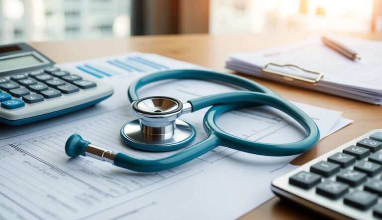 Stethoscope, calculator, and paperwork on a desk, suggesting medical finances