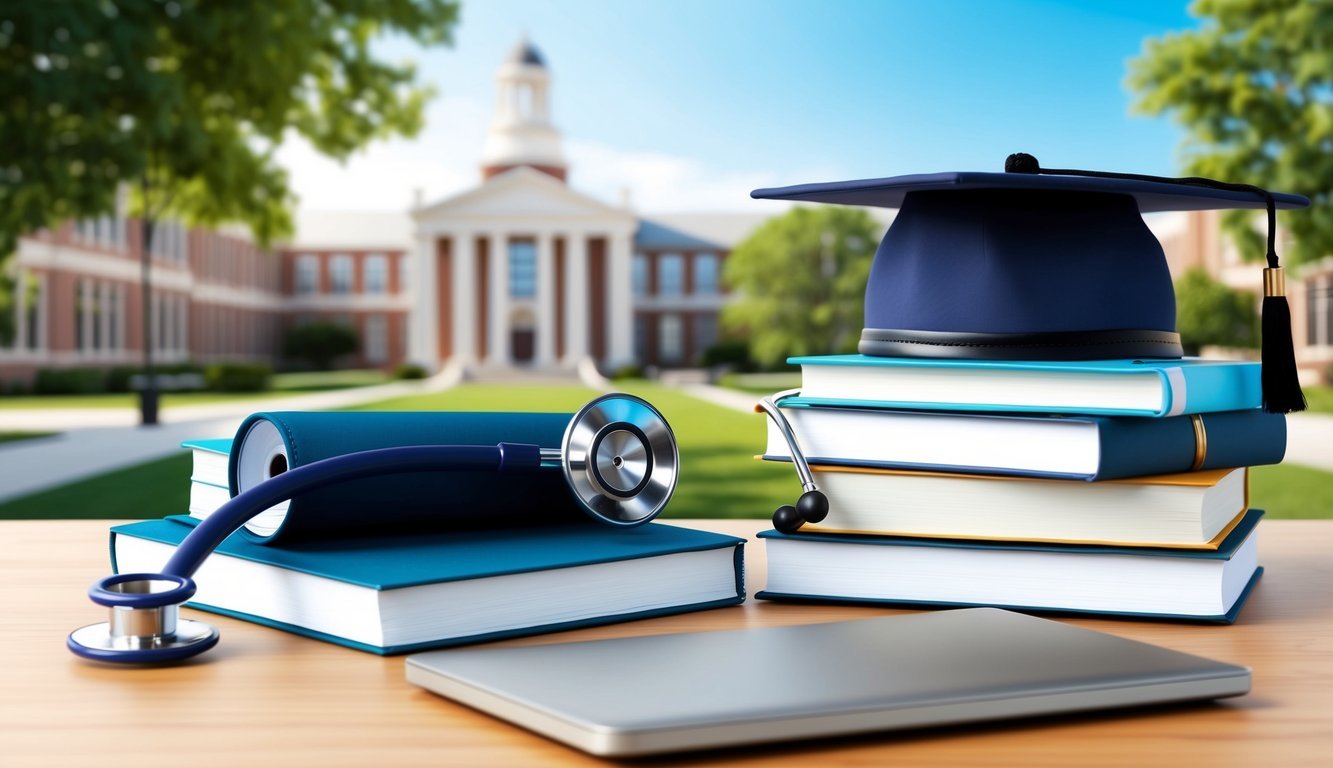 A graduation cap and a stethoscope placed on a desk next to a stack of textbooks and a laptop, with a university campus in the background