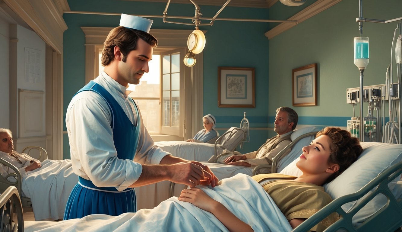 A male nurse in a historical setting, caring for patients in a hospital or medical facility