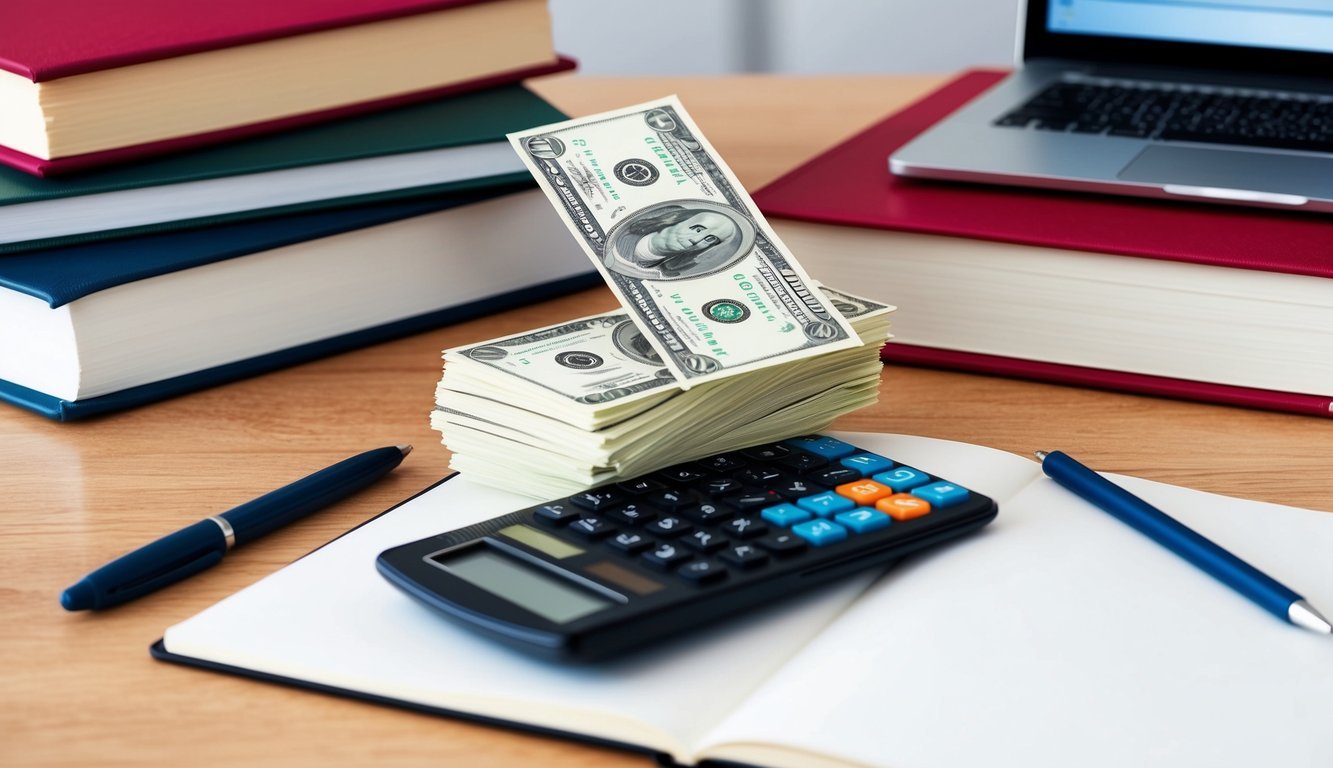 A stack of dollar bills and a calculator on a desk, surrounded by textbooks and a laptop