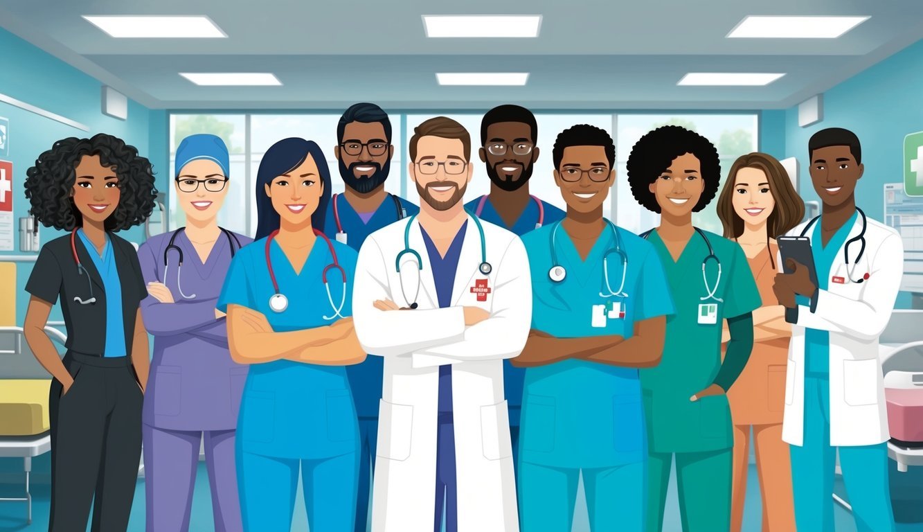 A diverse group of healthcare professionals working together in a hospital setting