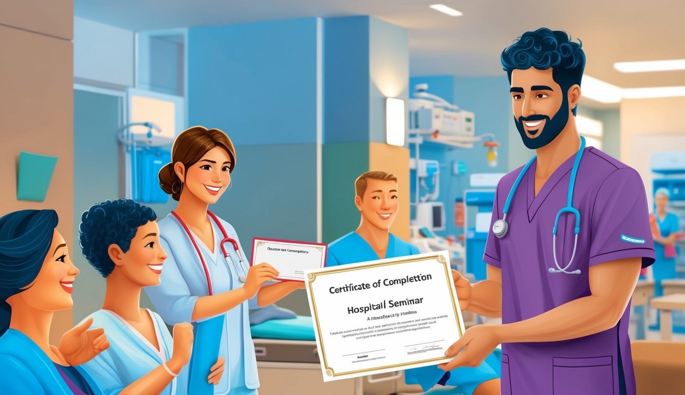A male figure in nursing scrubs receiving a certificate of completion at a hospital seminar