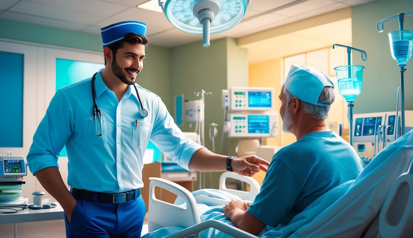 A man in a nurse's uniform confidently assists a patient in a hospital setting, surrounded by medical equipment and a calming atmosphere