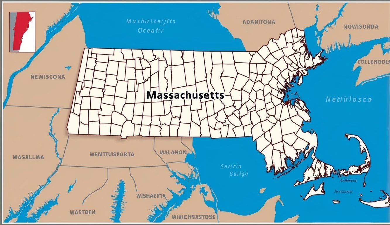 Map of Massachusetts with county lines, surrounding water, and inset state outline