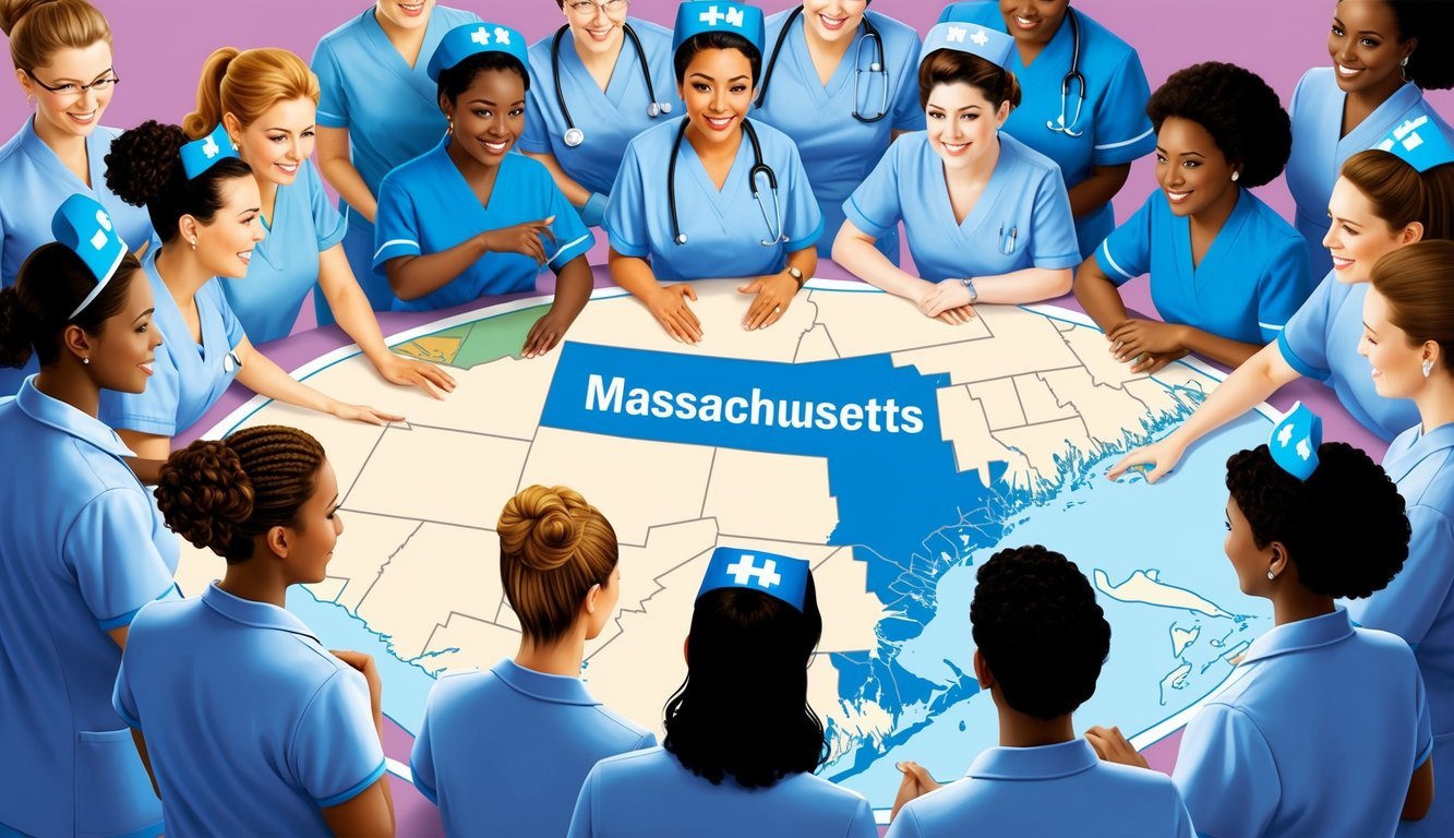 A group of nurses from different states gather around a map, with some states highlighted in blue.</p><p>Massachusetts is among the highlighted states