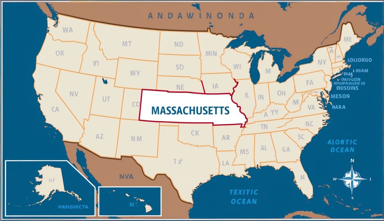 A map of the United States with Massachusetts highlighted and surrounded by neighboring states