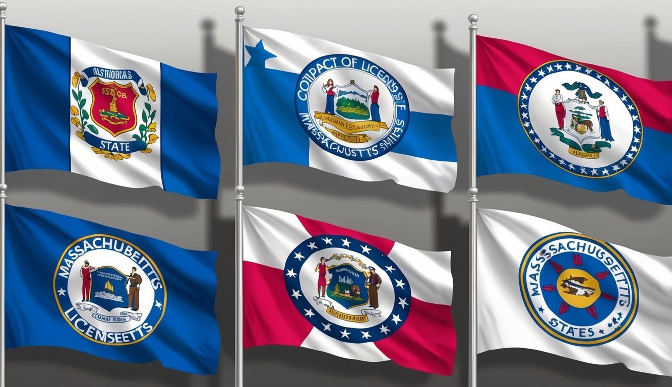 A group of state flags representing compact licensure states, with Massachusetts highlighted