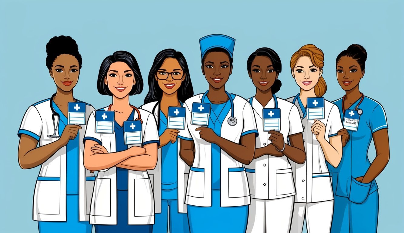 A group of nurses from various states holding their nursing licenses and discussing the benefits and limitations of the compact license