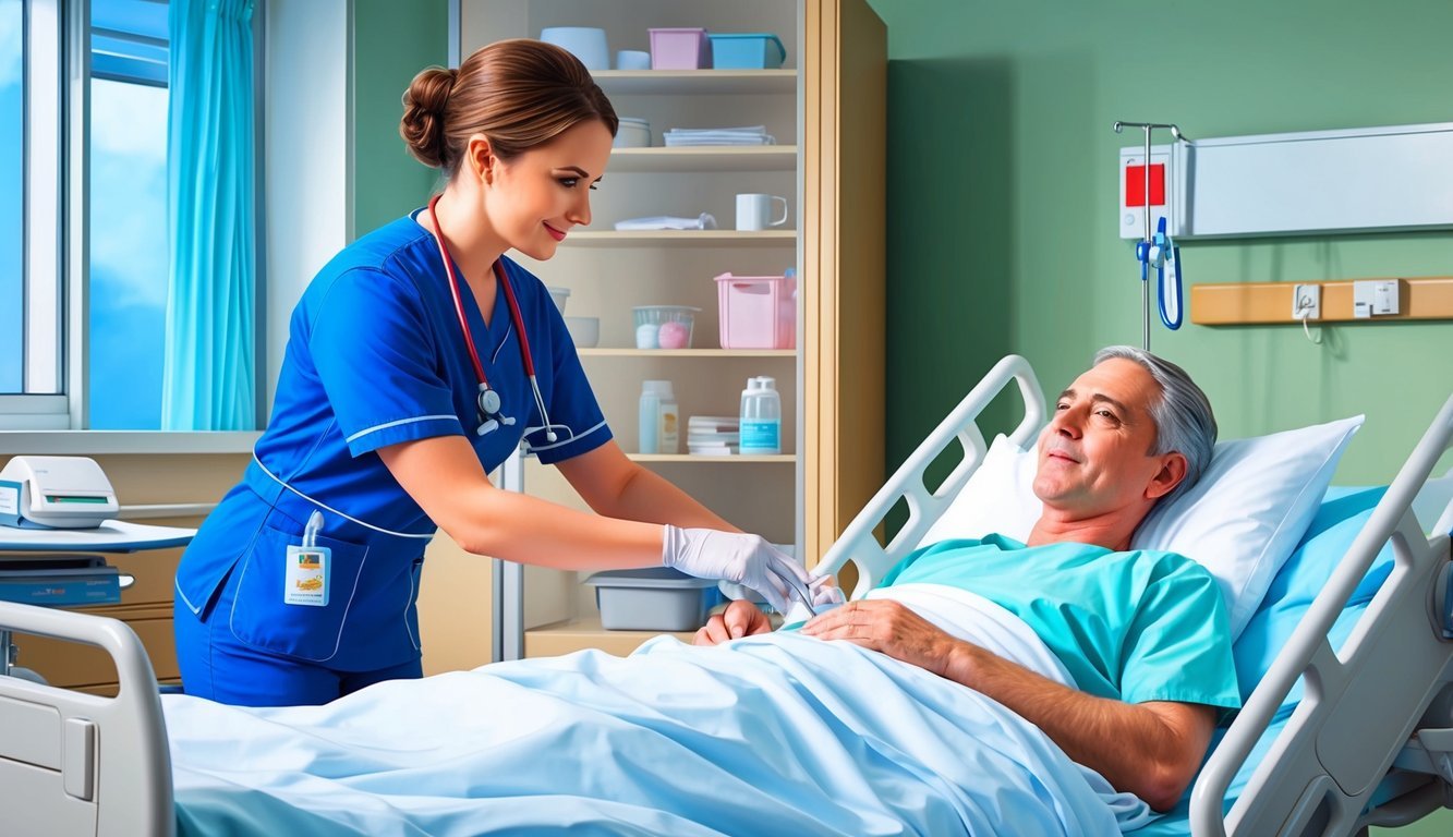 A nurse in scrubs assists a patient in a hospital room