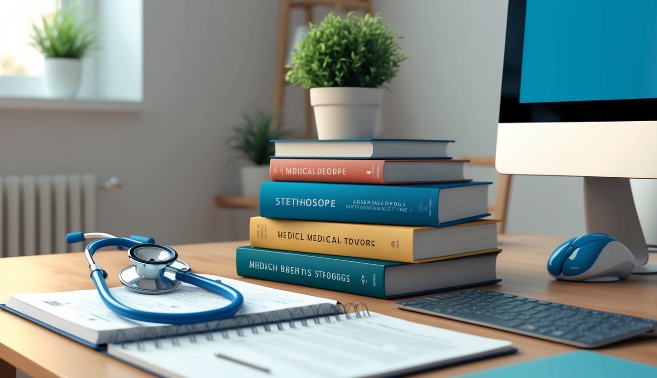 A stethoscope, medical textbooks, and a computer on a desk in a quiet study room