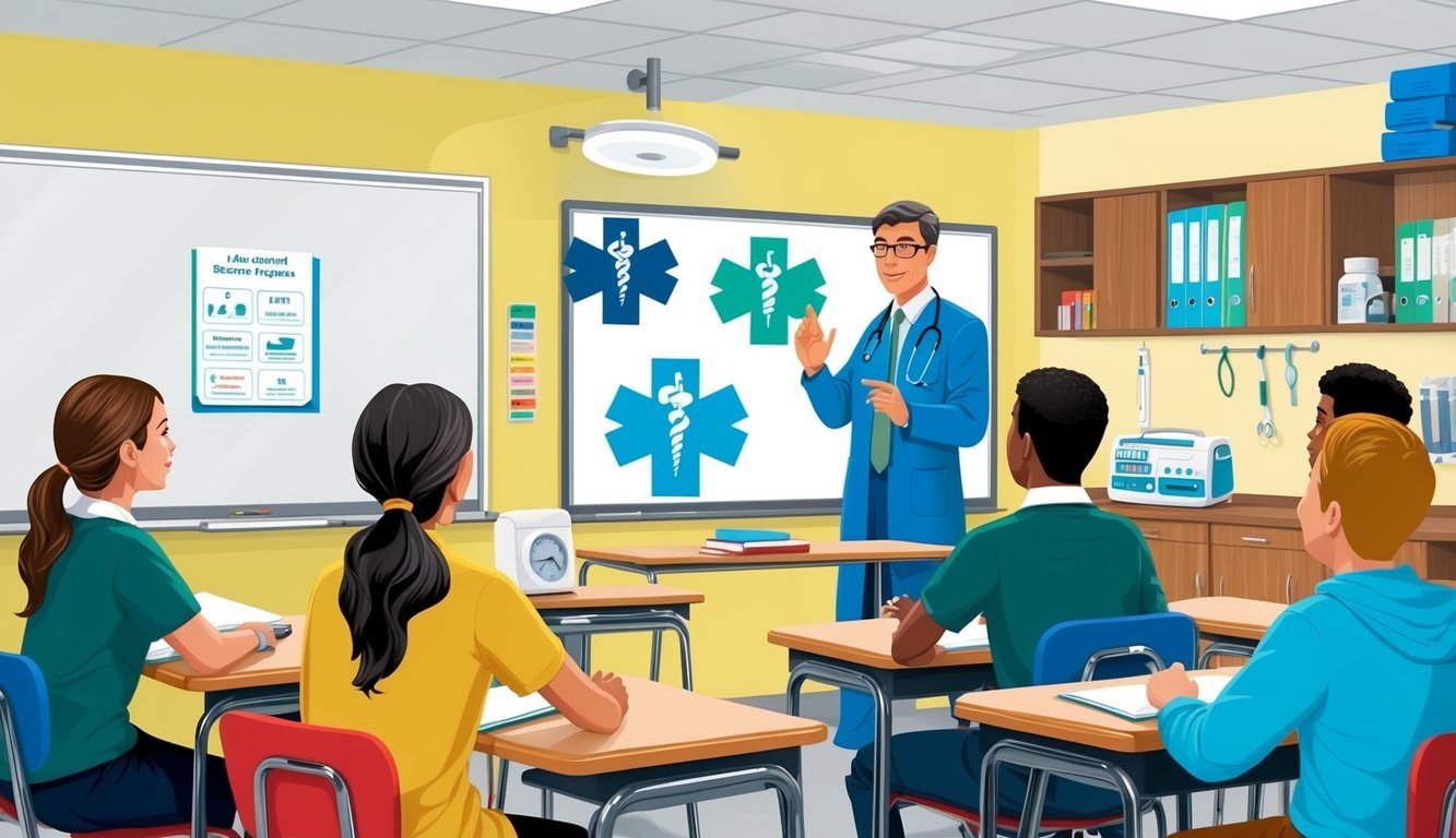 A classroom setting with a whiteboard, desks, and a teacher instructing a group of students.</p><p>Educational materials and medical equipment are visible