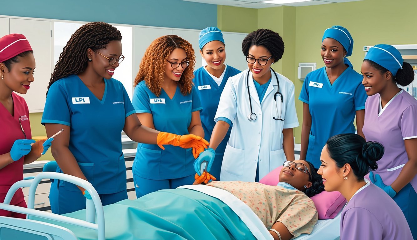 A group of LPN students in Massachusetts engage in hands-on training, while a mentor discusses career advancement opportunities