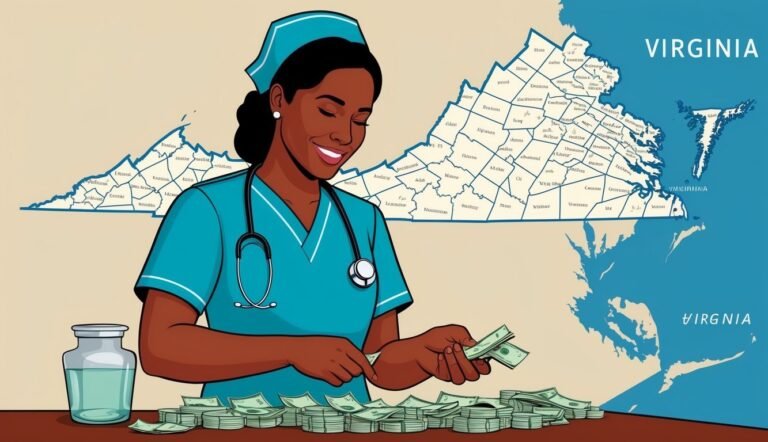 Nurse counting money in front of a Virginia map