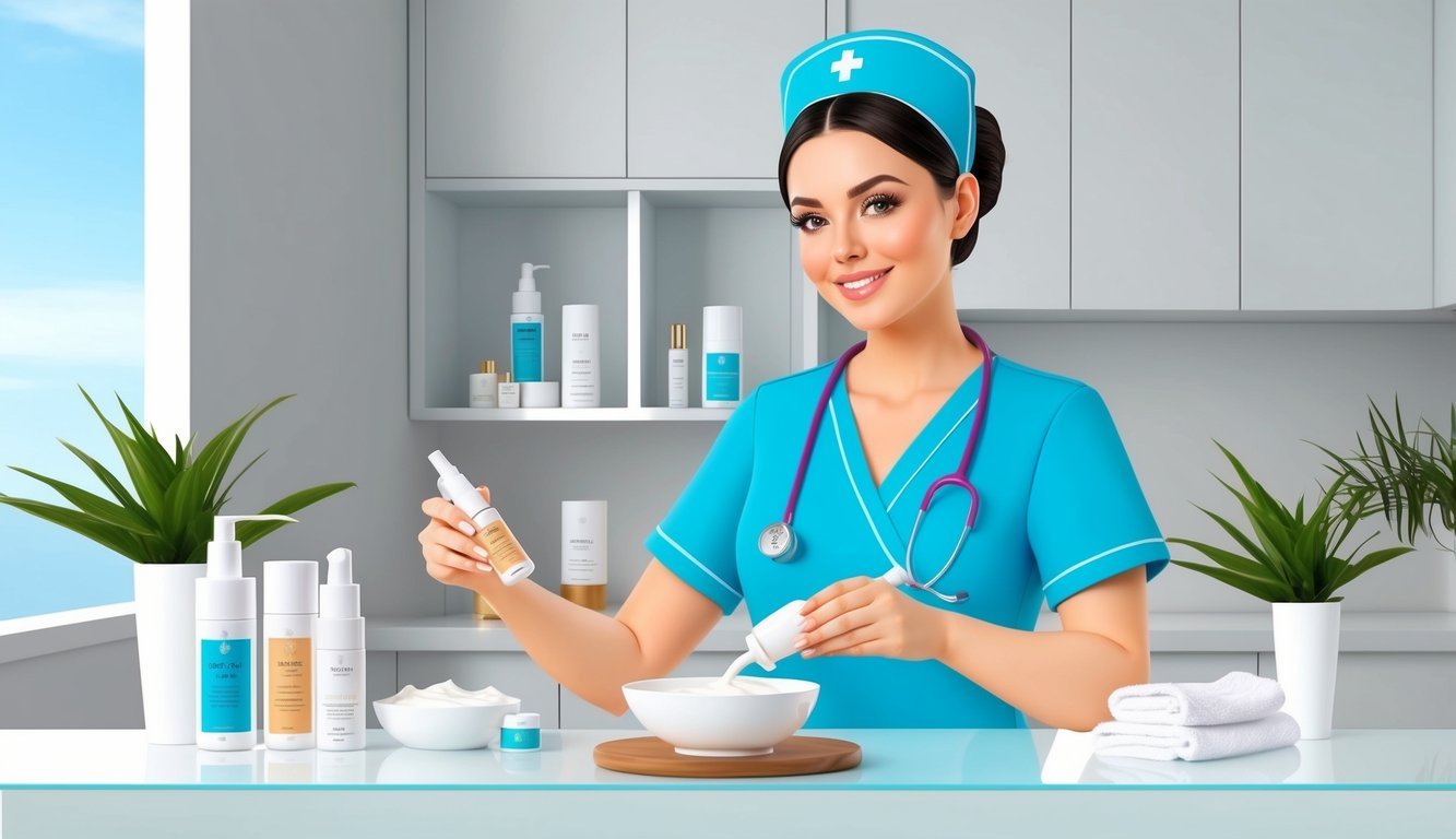 An aesthetic nurse preparing skincare products in a modern, clean clinic setting