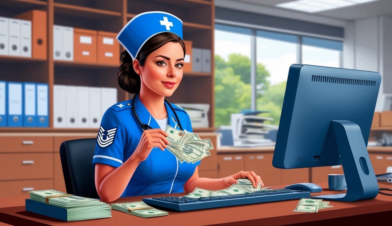 Nurse in uniform counting money at a desk with a computer