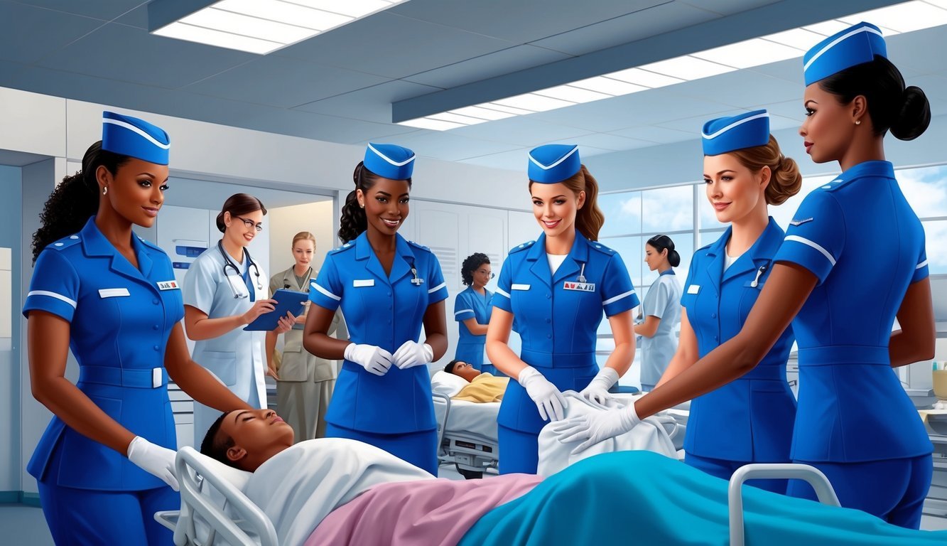 A group of Air Force nurses in uniform, working in a modern medical facility, caring for patients and collaborating with other medical professionals