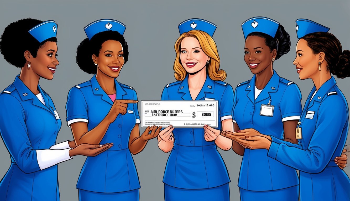 A group of Air Force nurses receiving a bonus check and discussing their increased salary and benefits