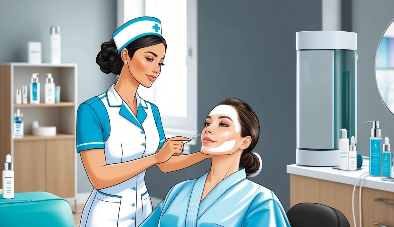 Aesthetic nurse in uniform, performing skin assessment and consultation in a modern clinic setting with medical equipment and skincare products on display