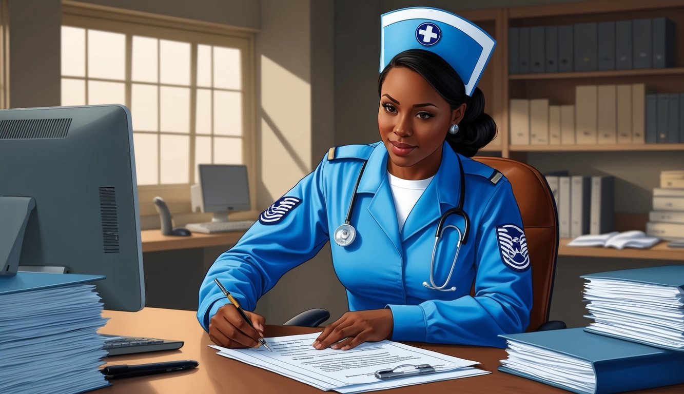 A nurse in Air Force uniform reviewing documents at a desk