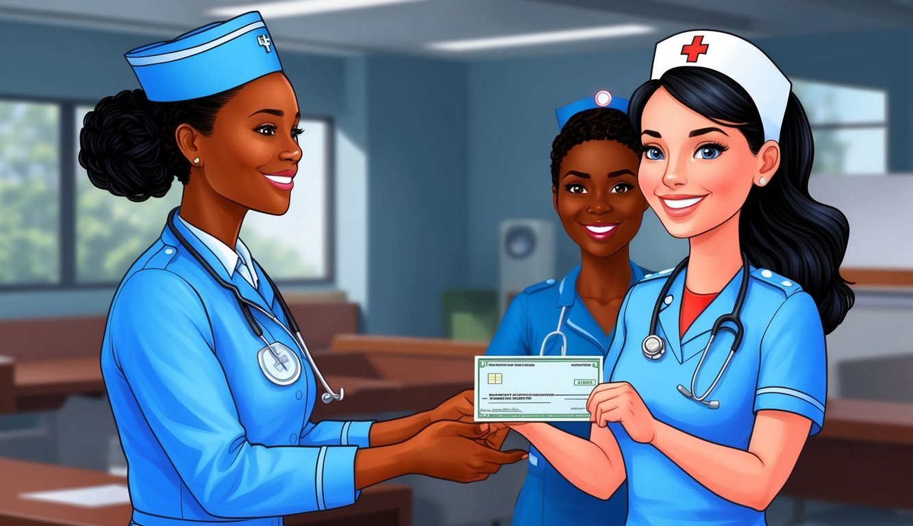 An air force nurse receiving a paycheck with a smile