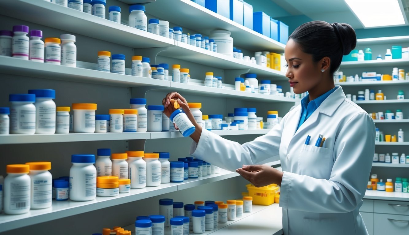 Pharmacist in white coat examines medication bottles on pharmacy shelves