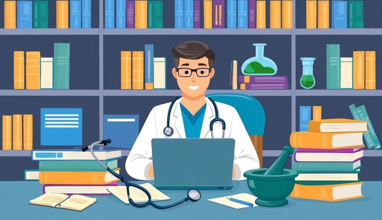 A pharmacist studying in a library surrounded by textbooks, notes, and a laptop.</p><p>A stethoscope and a mortar and pestle are on the desk