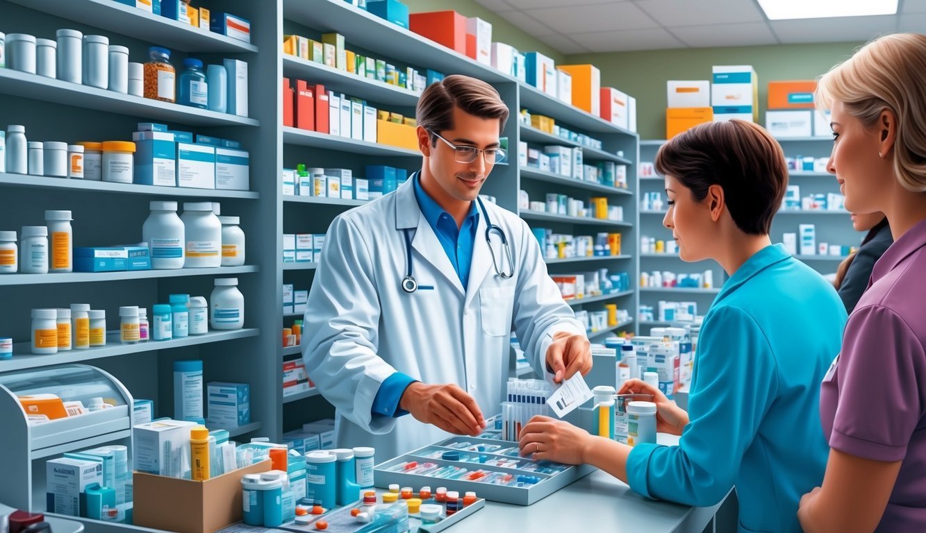 A pharmacist diligently fills prescriptions, organizes medications, and counsels patients in a bustling pharmacy