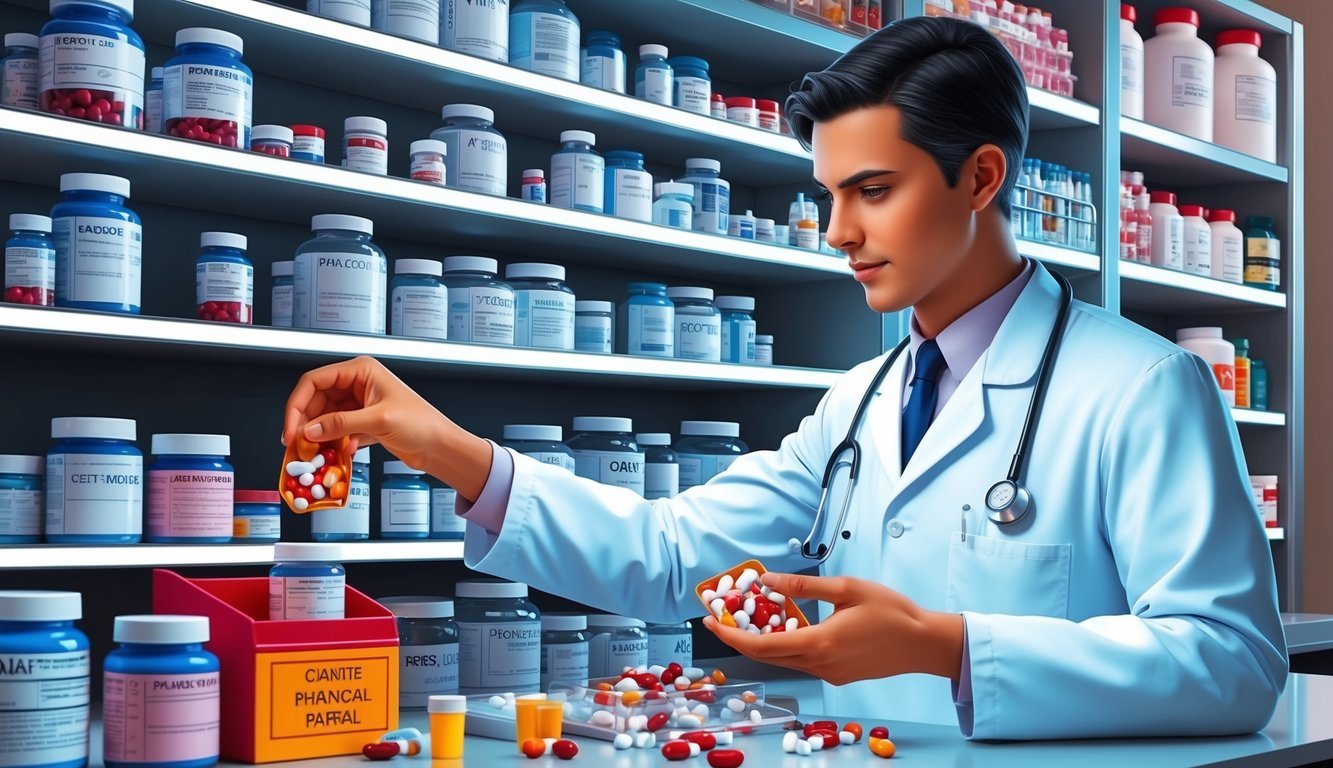 A pharmacist counting and organizing medication behind the counter