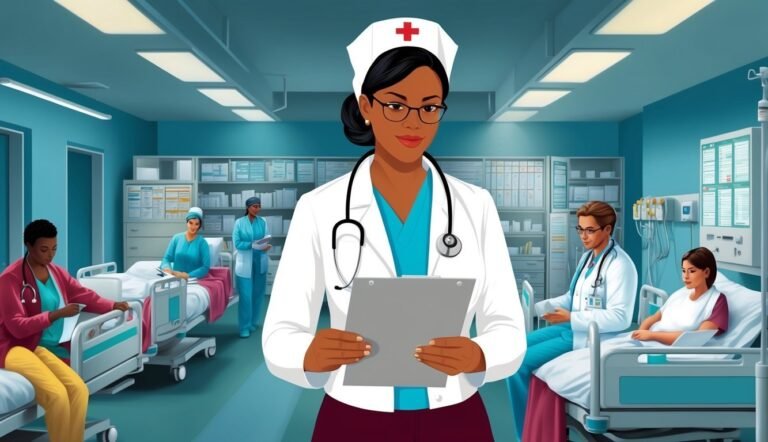 Nurse in a hospital ward, holding clipboard, surrounded by other medical staff