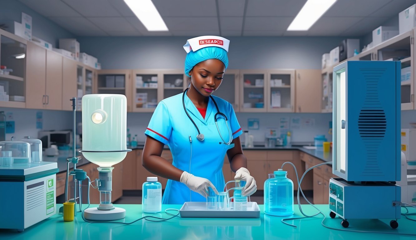 A lab technician in blue scrubs working with scientific equipment