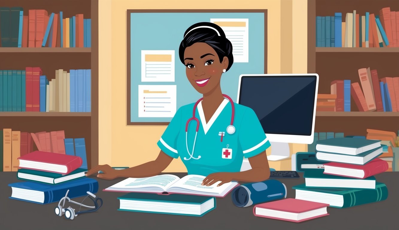A nurse researching educational pathways and certifications, surrounded by books, a computer, and medical equipment