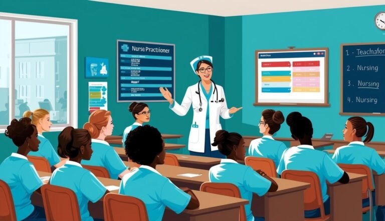 Nurse practitioner teaching a class of nursing students in a classroom