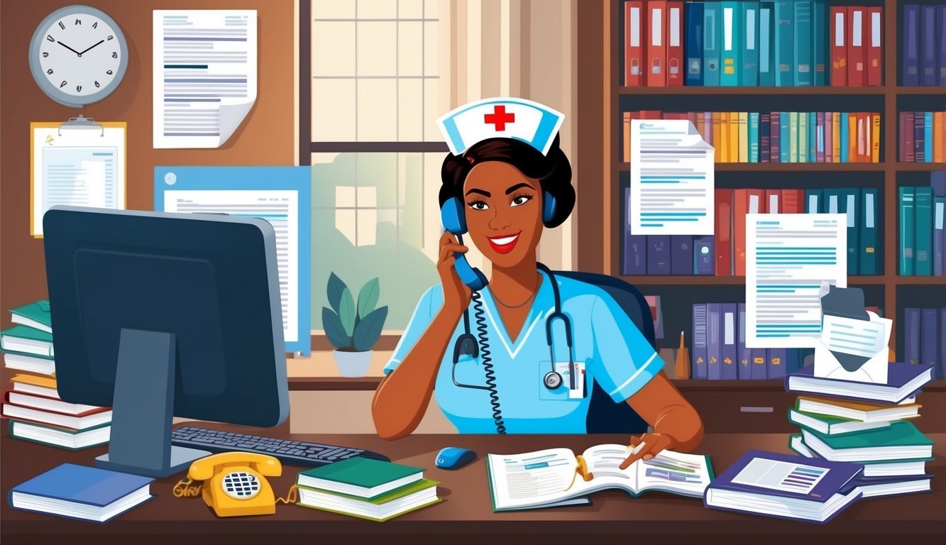 A research nurse at a desk surrounded by medical journals and a computer, answering phone calls and emails from patients and colleagues