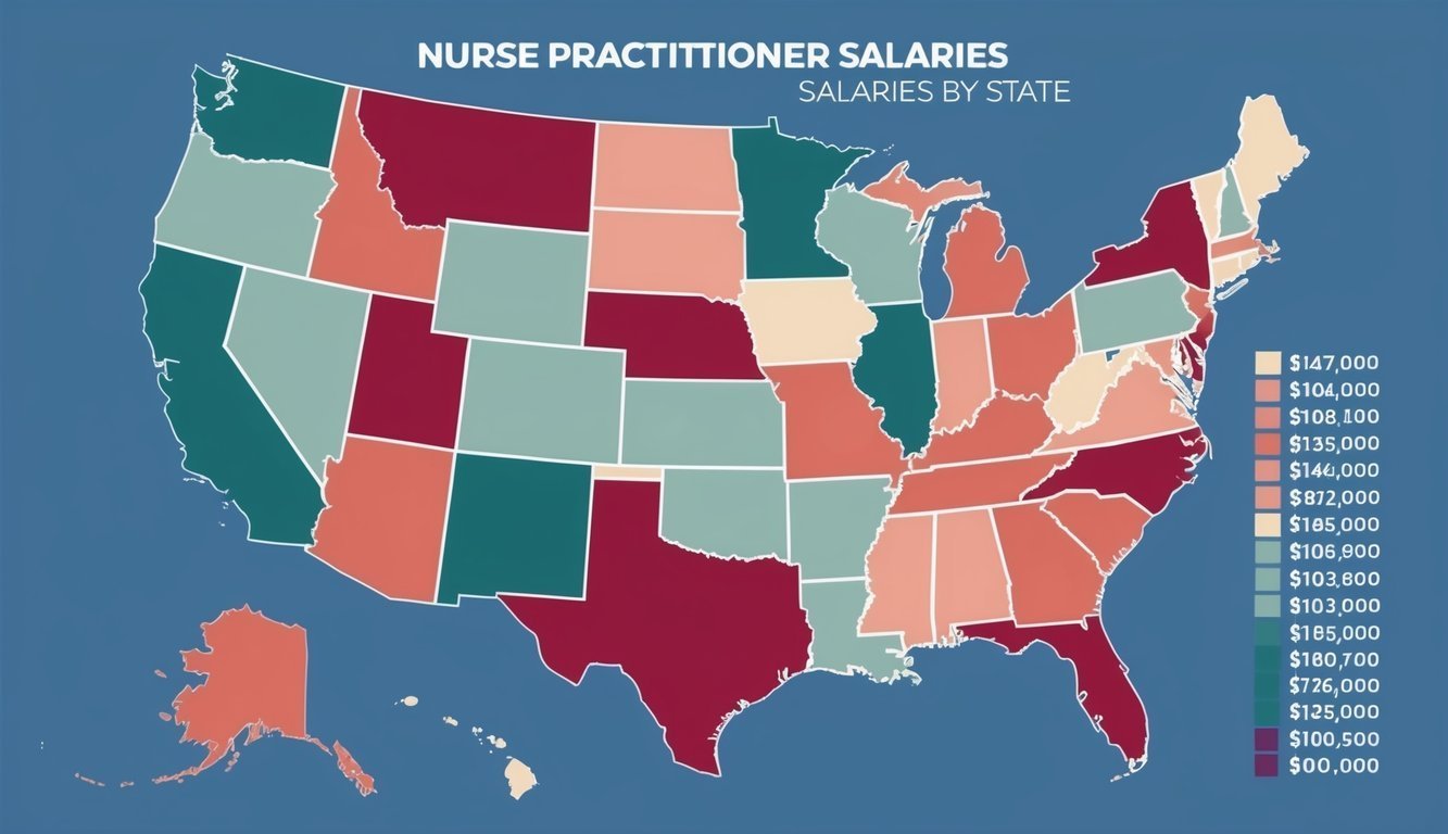 Map of US states color-coded by nurse practitioner salaries