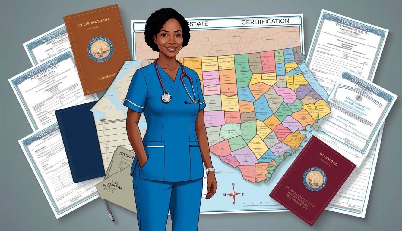A nurse practitioner surrounded by state maps and certification documents