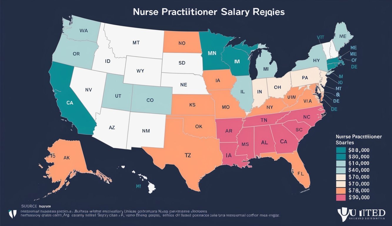 A map of the United States with color-coded regions representing varying nurse practitioner salaries