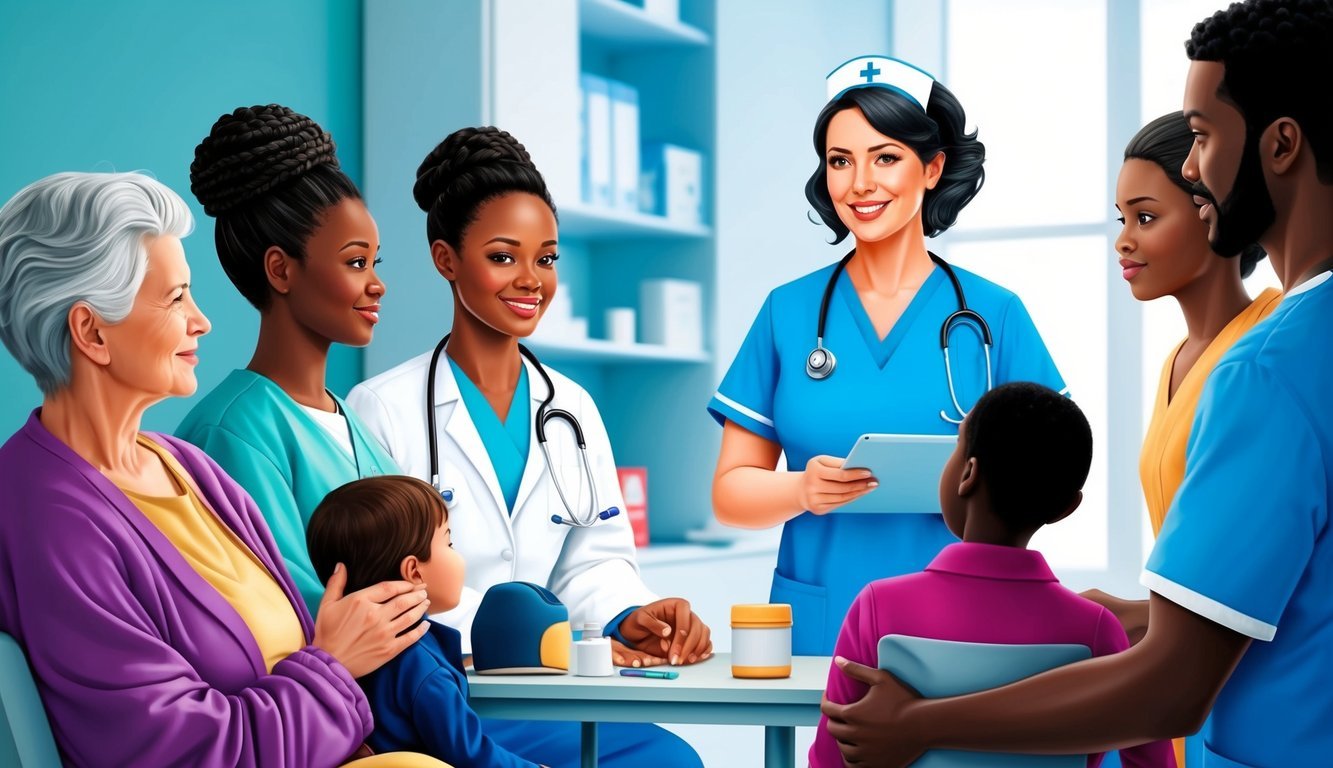 A nurse practitioner providing care to a diverse group of patients in a modern healthcare setting