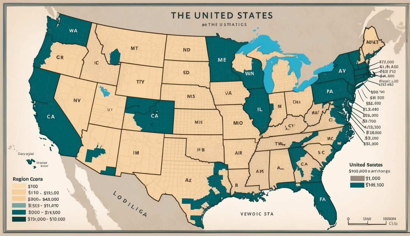 A map of the United States with labeled regions and corresponding dollar amounts