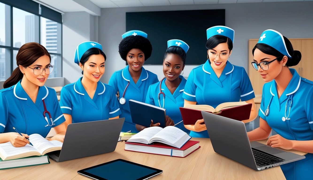 A group of students in nursing uniforms studying together in a modern classroom with textbooks and laptops open