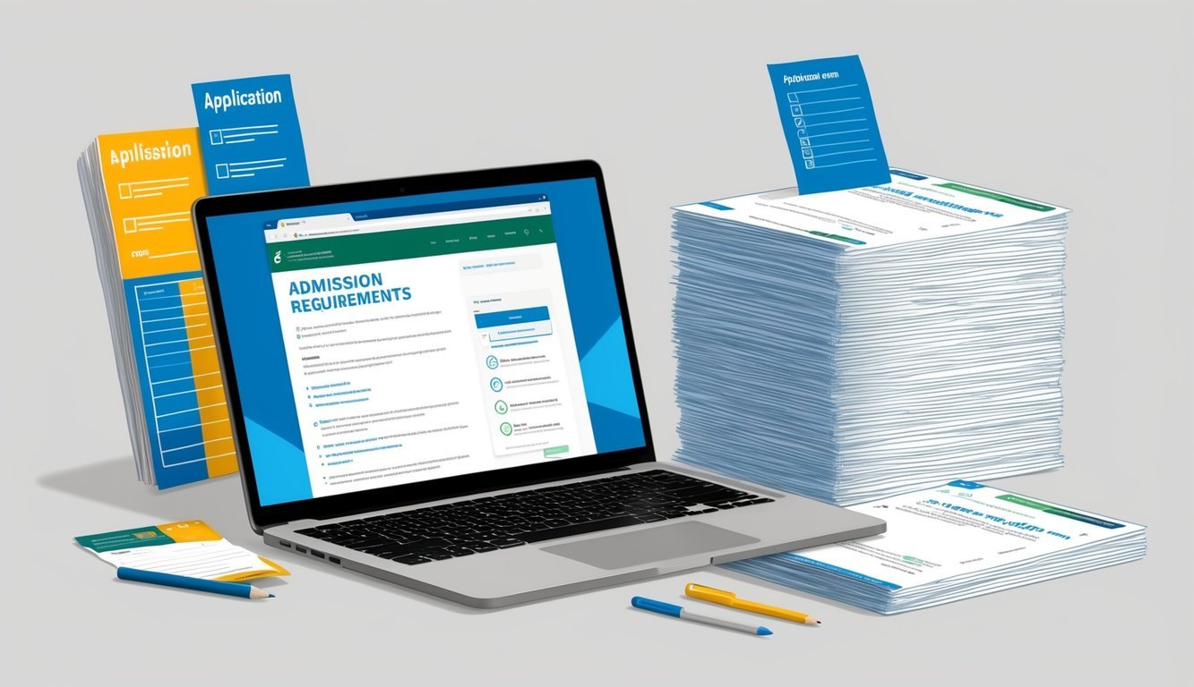 A stack of application forms, a laptop with internet browser open to the program's website, and a checklist of admission requirements