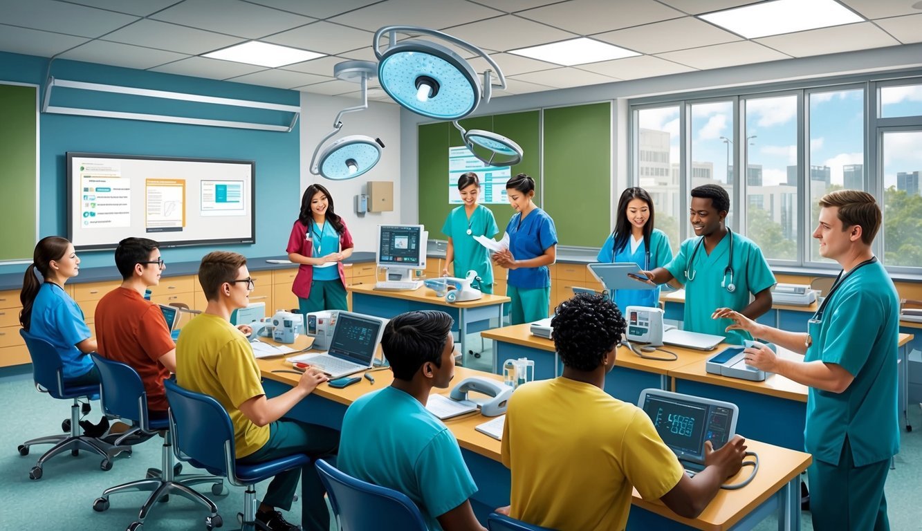 A classroom setting with medical equipment and students engaged in clinical education