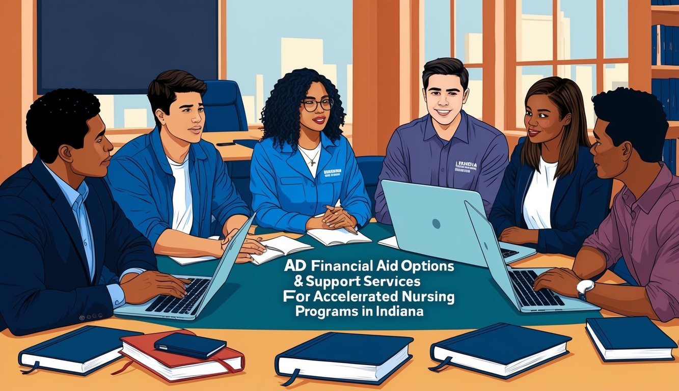A group of students gather around a table, discussing financial aid options and support services for accelerated nursing programs in Indiana.</p><p>Books and laptops are scattered across the table