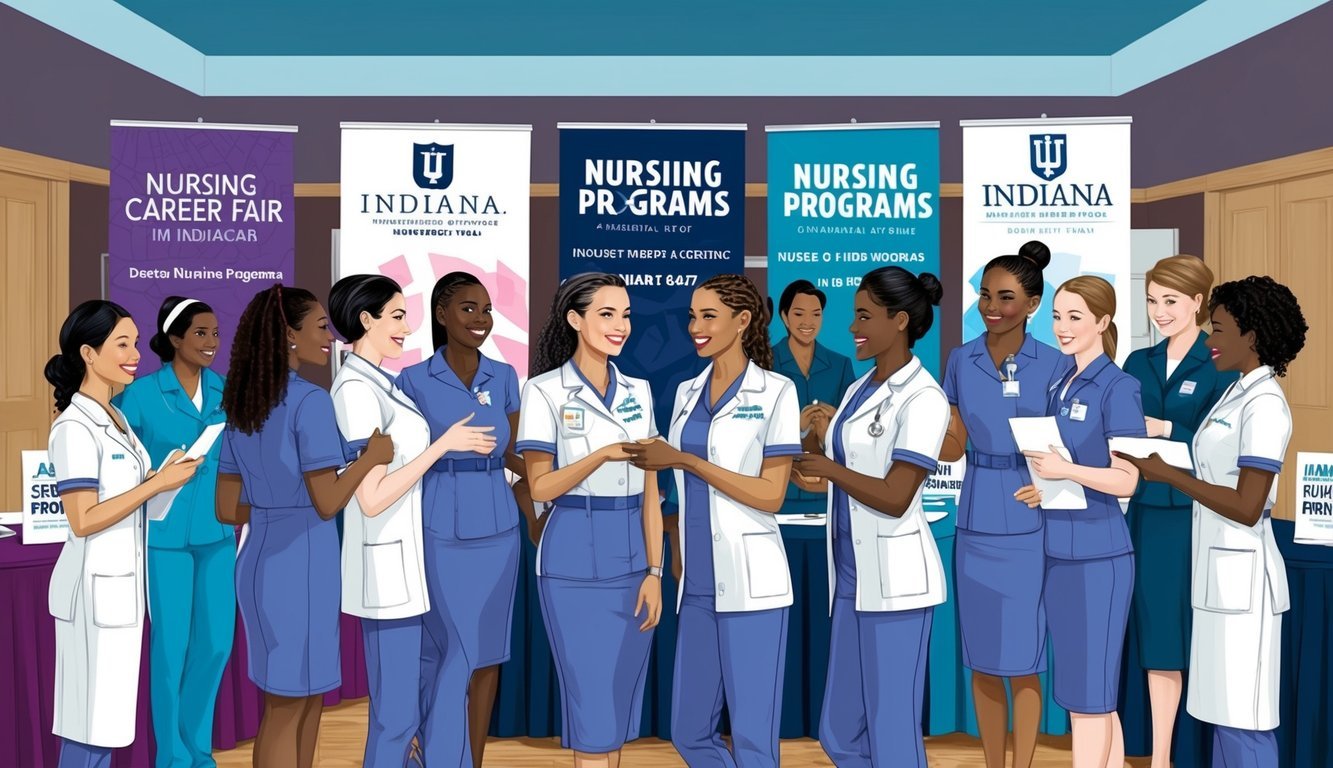 A group of nurses in uniform networking at a career fair, with banners and booths promoting various nursing programs in Indiana