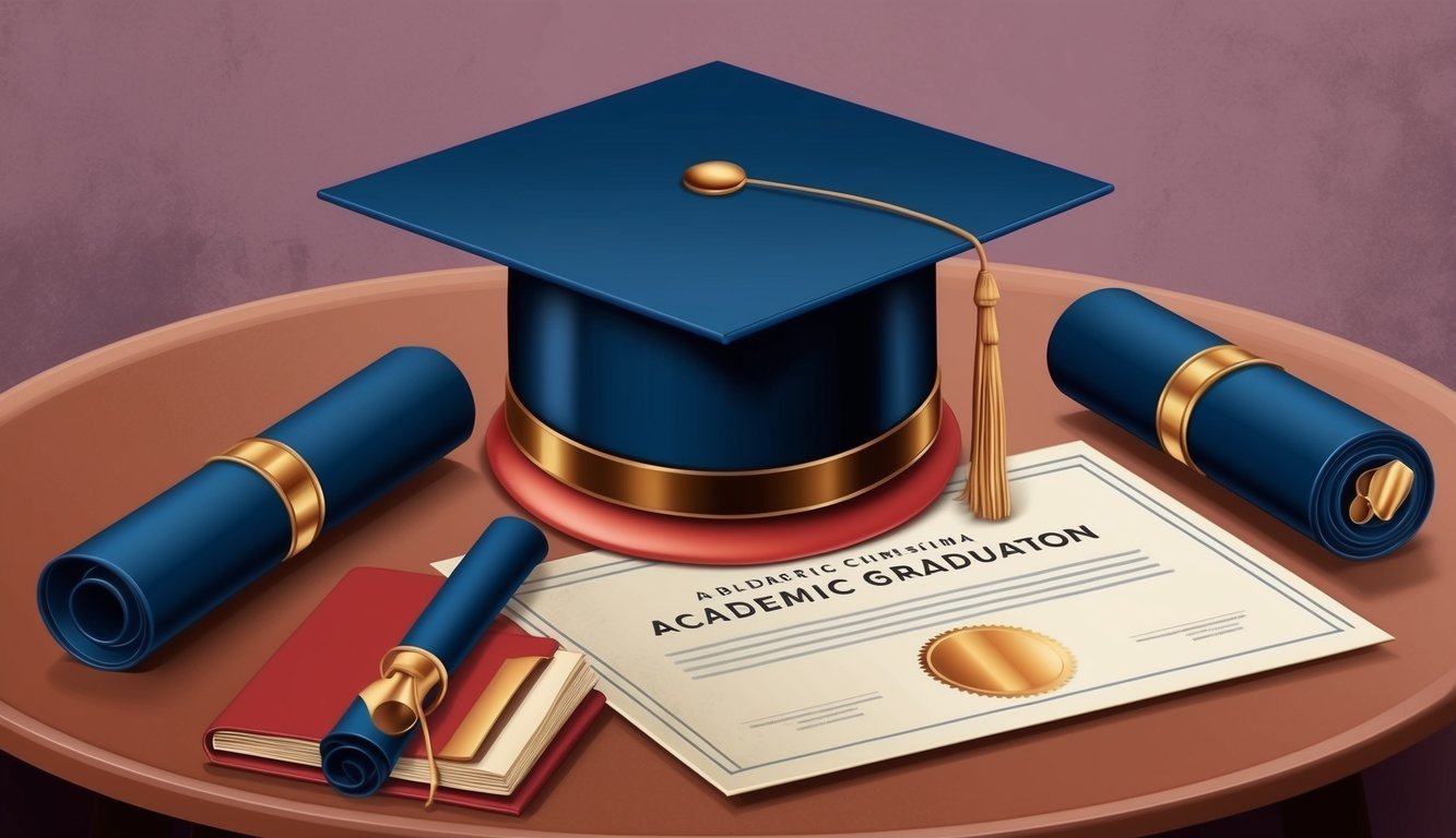 Graduation cap, diploma, and scrolls on a table, academic achievement concept